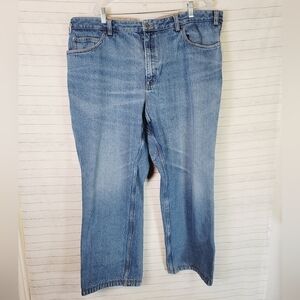 DULUTH TRADING CO MEDIUM WASH DENIM JEANS, SZ 46x32